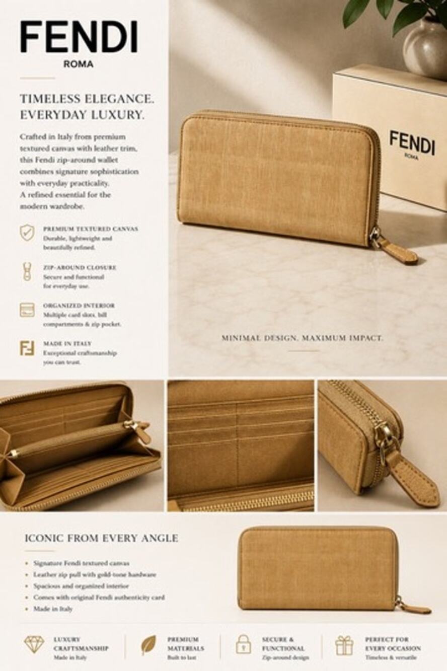 KB076 Fendi beige Zucca logo canvas zip-around wallet